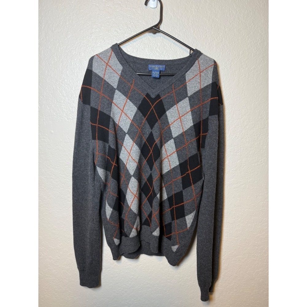 Joseph & Lyman Argyle Sweater V-Neck 100% Cashmere Pullover Classic Style